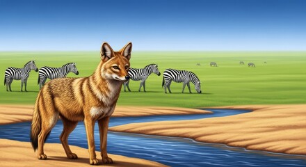 Obraz premium A golden jackal stands alert on the bank of a curving blue stream while a herd of striped zebras grazes peacefully in the green savanna, herbivore, striped, alert