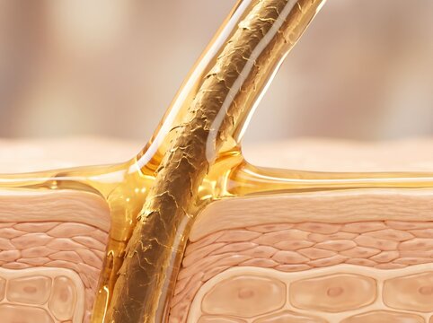 A cross-section view of a hair follicle showing golden nourishing oil coating the hair surface.