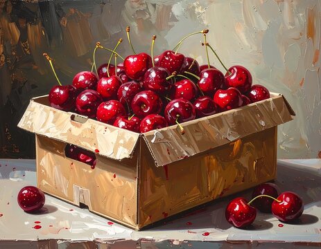 Fresh cherries in wooden crate box.