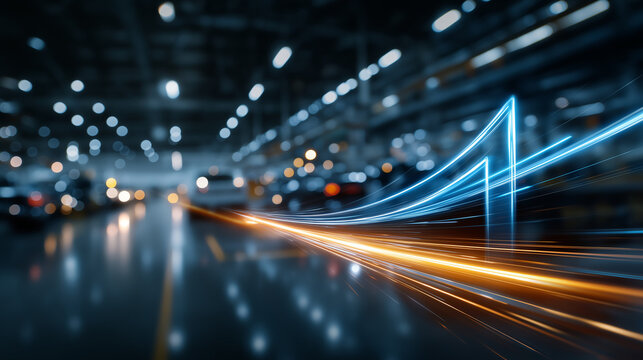 Digital Growth in Industrial Space: Abstract depiction of exponential growth and progress visualized as glowing blue and orange lines accelerating through a blurred industrial warehouse setting.