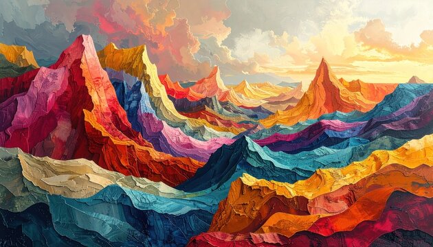 Vivid, stylized mountain range ablaze with vibrant hues under a radiant sky