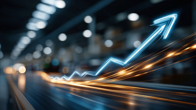 Upward Trend: A glowing blue arrow chart indicating growth and progress streaks forward against a blurred industrial backdrop, symbolizing advancement and momentum.
