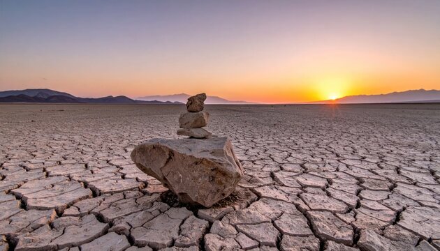 Balancing rocks on cracked earth at sunset in Death Valley.