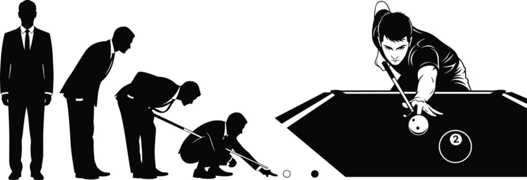 Billiards and Pool Player Silhouettes with Cue Stick Professional Snooker Sports Vector Illustration Set