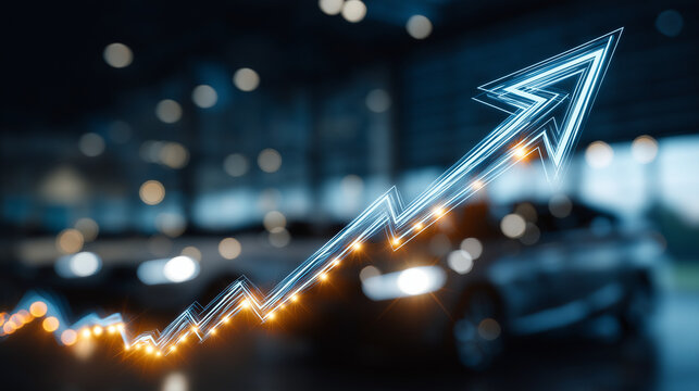 Upward Trend: A luminous, electric blue arrow symbolizing growth and progress surges upwards over a blurred background of modern vehicles, suggesting a positive trajectory in the automotive industry.