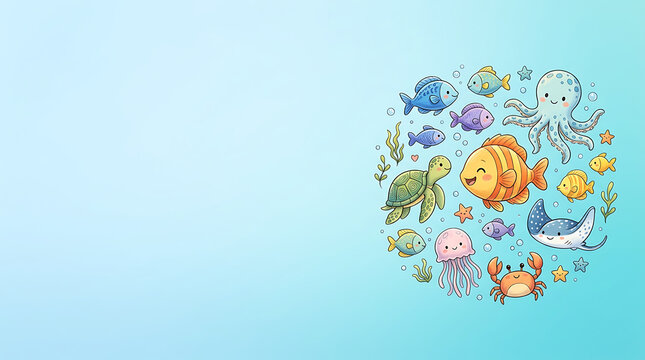 Colorful sea animals and fish arranged in a circular layout