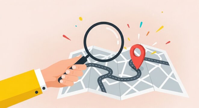 Hand holding a magnifying glass over a folded map with a red location pin marking a destination or point of interest for navigation concept