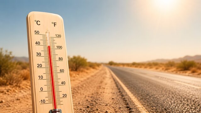 Thermometer on dusty road during severe summer heat and drought