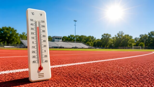 Outdoor thermometer on red athletic track under blazing summer sun