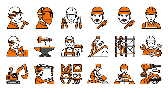 Construction worker icons set with tools and equipment for building industry professions and manual labor jobs