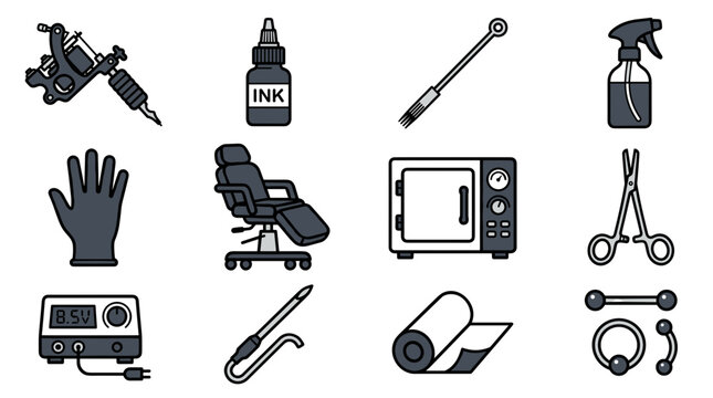 Collection of tattoo and piercing equipment including a tattoo machine ink bottle sterilization unit and chair