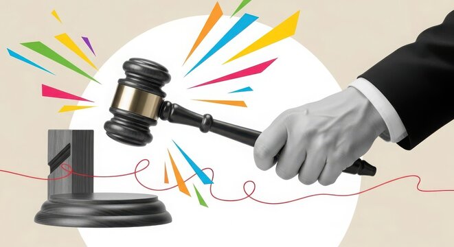Hand in suit striking a wooden gavel on a sound block with colorful abstract burst in background representing auction or justice concept
