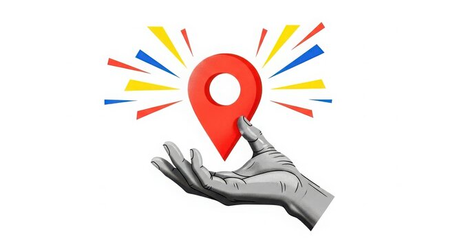 Robotic hand holding a glowing red map location pin with colorful rays emanating outwards, isolated on white background