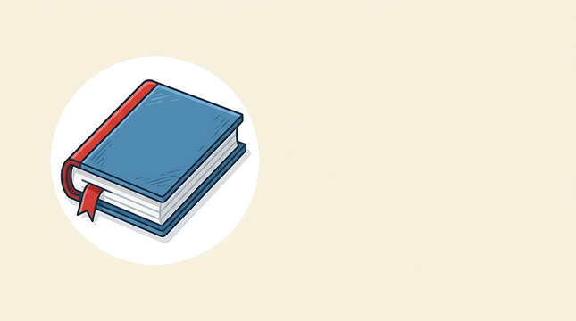 Blue hardcover book with a red bookmark in a white circle