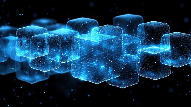 Glowing Blue Translucent Cube Chain Floating in a Starry Dark Background Representing Digital Blockchain Concept