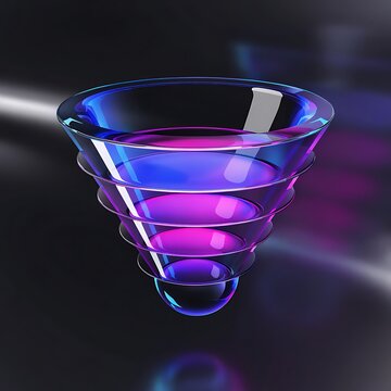 Blue and purple glass funnel representing digital sales conversion pipeline with business marketing conversion abstract transparent pipeline optimization strategy management