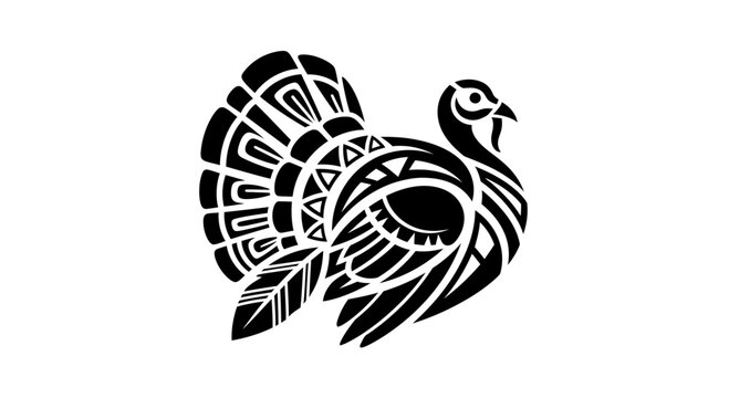 Stylized Turkey Illustration in Black and White Tribal Art Style.