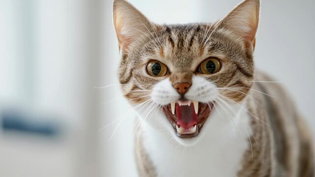 A close-up shot of a tabby cat looking directly into the camera with an aggressive, hissing face.