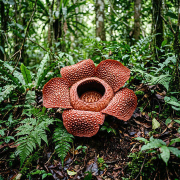 Stunning Rafflesia arnoldii flower blooming in lush green rainforest environment 1.