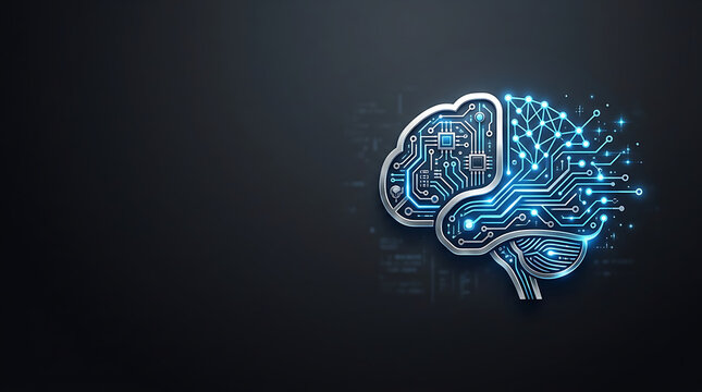 Glowing digital brain with circuit patterns on dark background