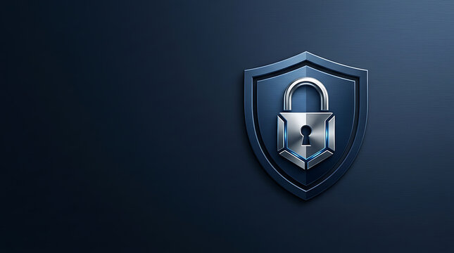 Metallic shield with padlock for data security on dark blue background