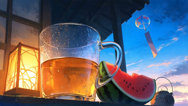 ブルーモーメントの美しい夏の夕暮れ 縁側の和ランタンに照らされる冷たい麦茶とかじりかけのスイカ