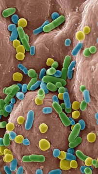 Microscopic view of colorful bacteria cells on human tissue surface. Medical scanning electron microscopy showing pathogen colony for biological disease research. Vertical video