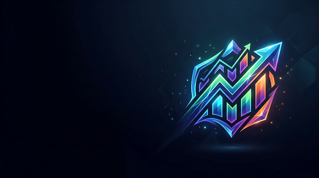 Glowing neon upward trend arrow and bar chart icon on dark background