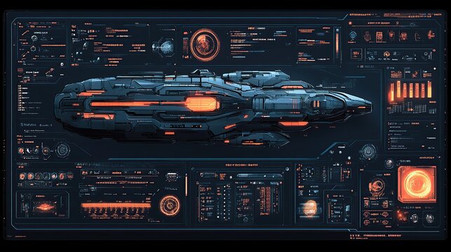 Highly advanced futuristic spaceship cockpit interface with neon orange dashboard HUD panels and blue holographic displays
