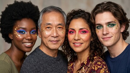 Fototapeta premium Diverse group of people with creative editorial makeup and gold leaf accents