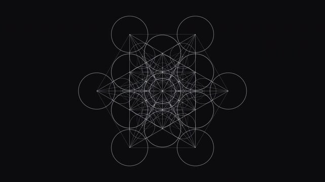 Silver Metatron Cube Sacred Geometry Mandala Meditation Loop. Glowing sacred geometry mandala with radial symmetry, breathing in a seamless loop - for meditation, yoga, sound bath and frequency healin