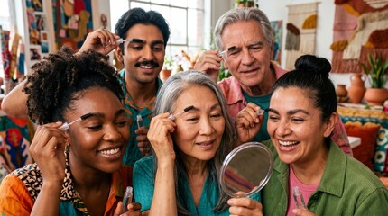 Obraz premium Diverse group of people grooming eyebrows together with brushes and mirrors