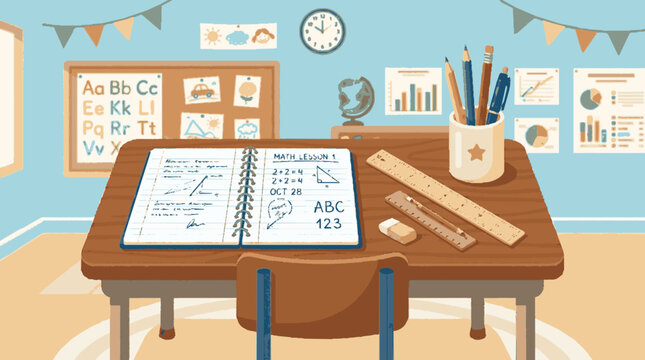 2D Flat Vector Classroom desk with open notebook pencils ruler and eraser for learning and education
