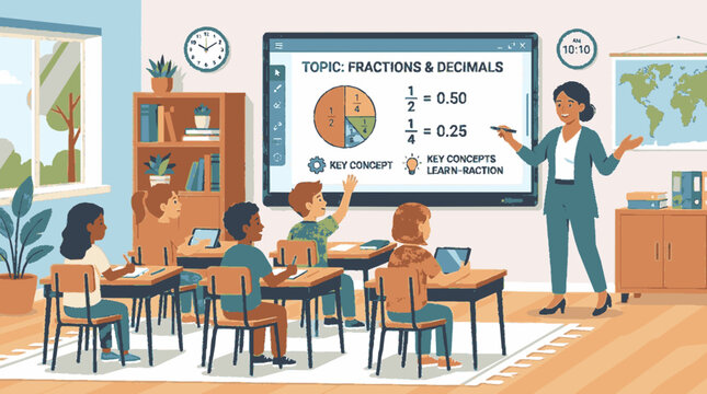 2D Flat Vector Teacher explaining fractions and decimals to students in a modern classroom with digital board