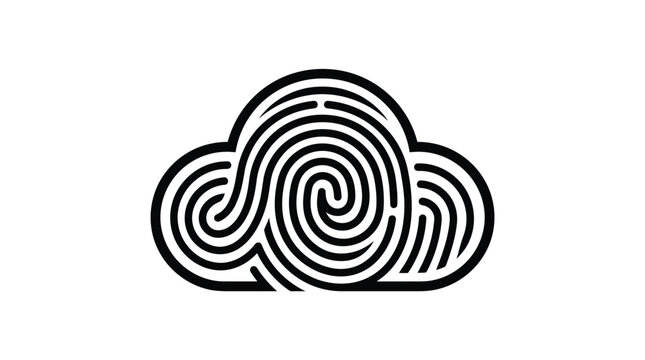 Minimalist black and white cloud icon featuring a detailed fingerprint pattern design symbolizing secure digital storage technology and personal identity protection in a modern vector style