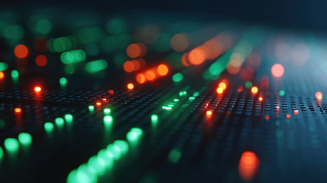 Glowing circuit board with green and red light, abstract electronic surface in dark blue haze