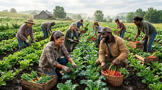 Diverse group of farmers happily harvesting fresh organic vegetables in a sunny field