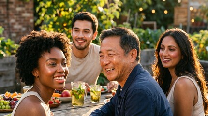 Obraz premium Diverse group of friends enjoying a sunny outdoor meal together
