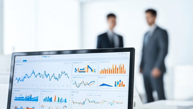Big Data Analytics Dashboard On Office Digital Screen With Executives In Background