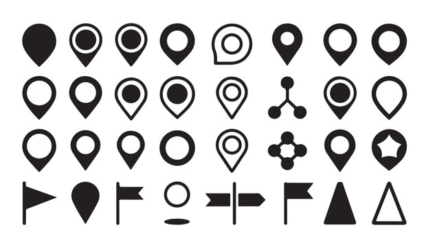Set of location pins and navigation markers including flags and shapes for map applications.