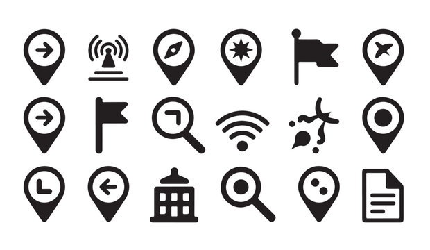 Route planning and destination pointer icons for digital mapping apps in black silhouette.