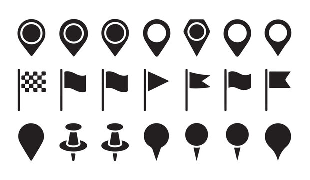 Map pin icon set for navigation pointer location mark and destination flag waypoint symbols.