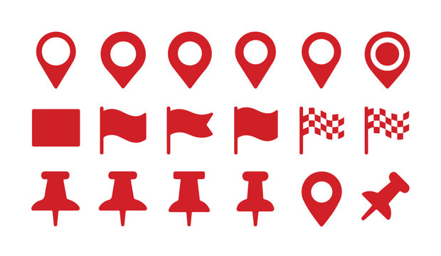 Red map marker icons for destination pointer location pin and navigation flag symbol elements.
