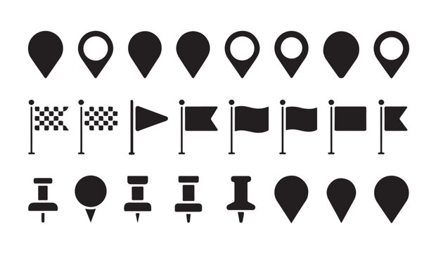 Black map location pin icons with navigation flags and pushpin symbols for waypoint markers.