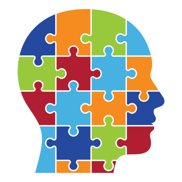 Colorful puzzle pieces forming a human head shape profile side view icon