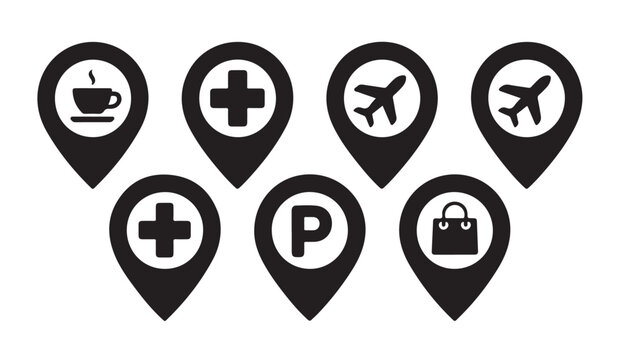 Assorted map pin icons for service points like coffee medical airport parking and shopping.