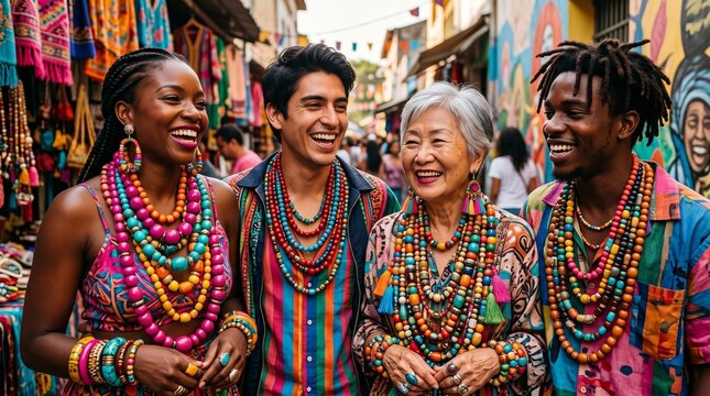 Diverse group of people joyfully embracing vibrant maximalist fashion and accessories