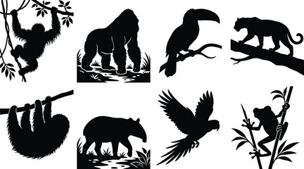 Professional collection of rainforest animal silhouettes featuring gorilla sloth orangutan jaguar toucan parrot tapir and frog for jungle themes © SreePoreshChandra