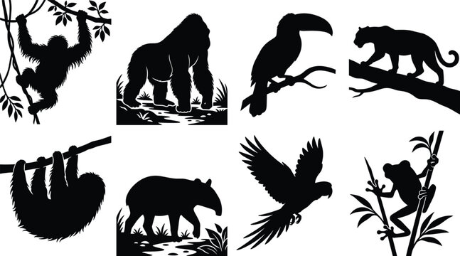 Professional collection of rainforest animal silhouettes featuring gorilla sloth orangutan jaguar toucan parrot tapir and frog for jungle themes