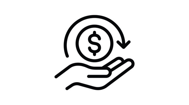 Minimalist black outline icon showing a circular arrow rotating around a dollar coin held in an open palm representing financial refund savings or investment return